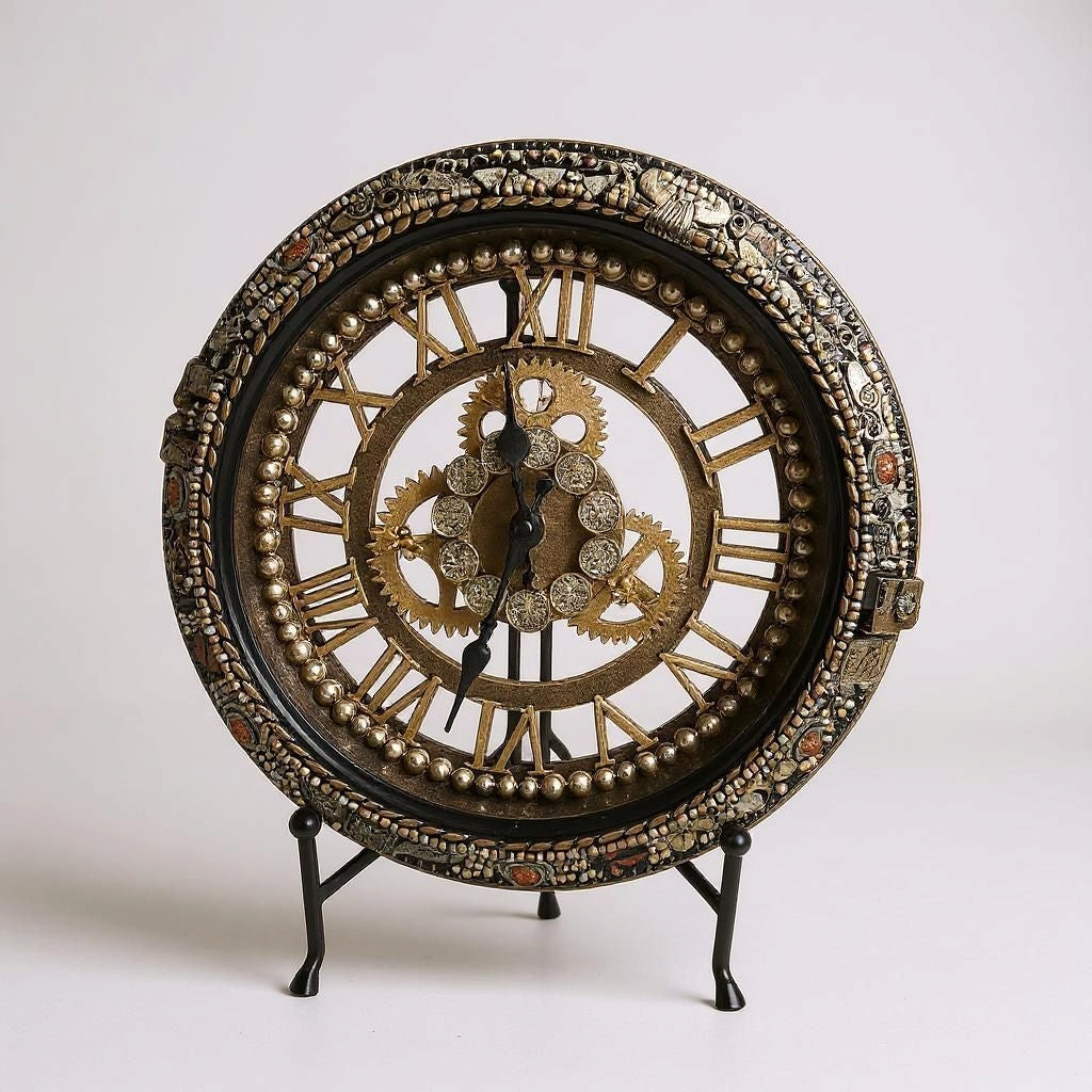 Custom Beaded Steampunk Wall Clock:Rhinestones & Chabochon