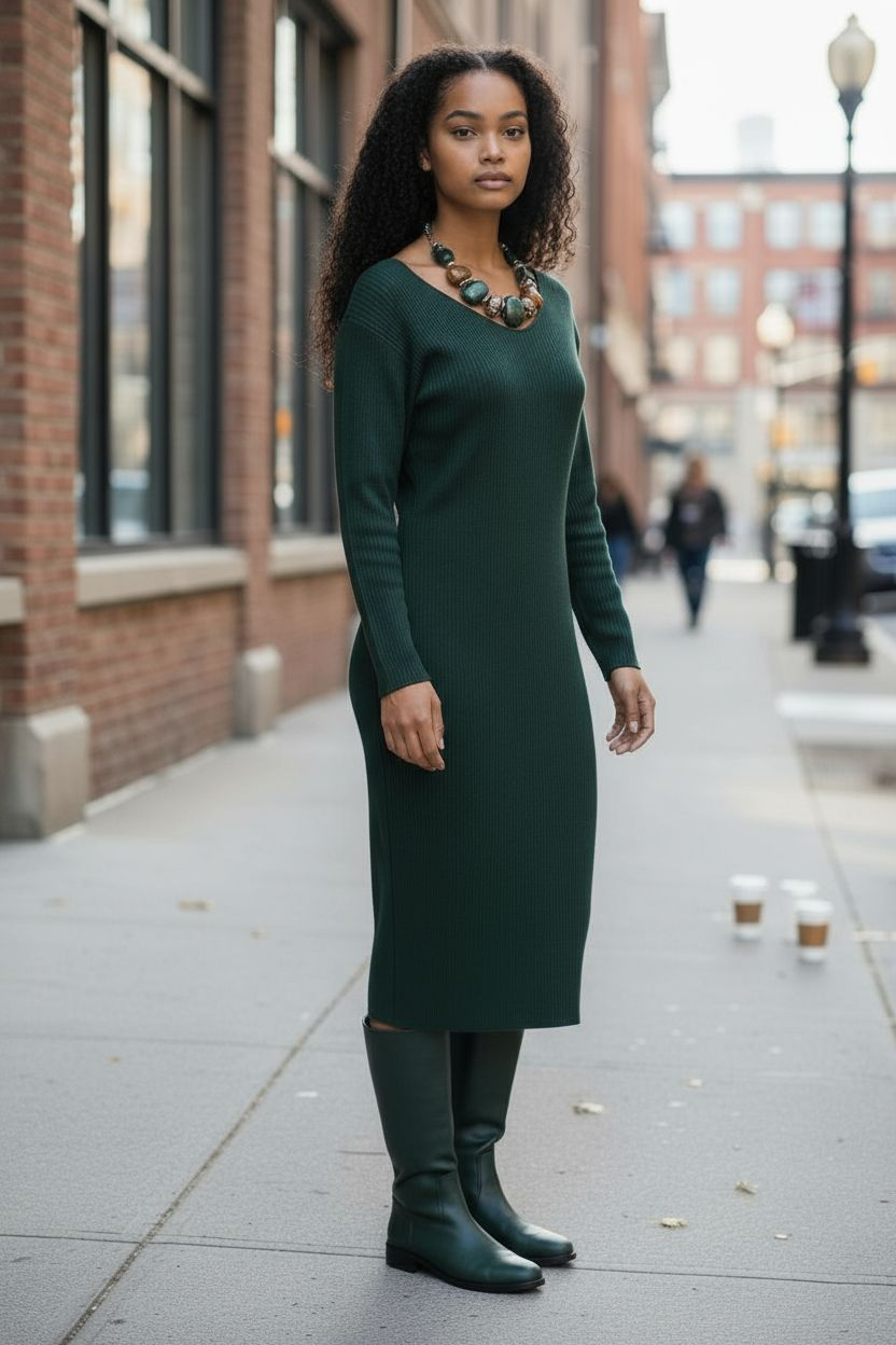 Forest Green Bodycon Midi Fall Dress