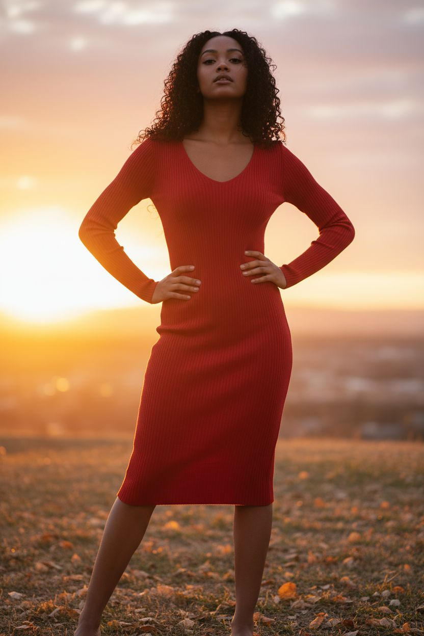 Red Hot Bodycon Midi Fall Dress