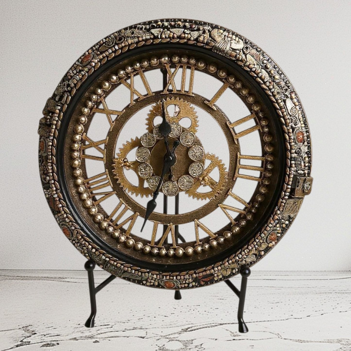 Custom Beaded Steampunk Wall Clock:Rhinestones & Chabochon
