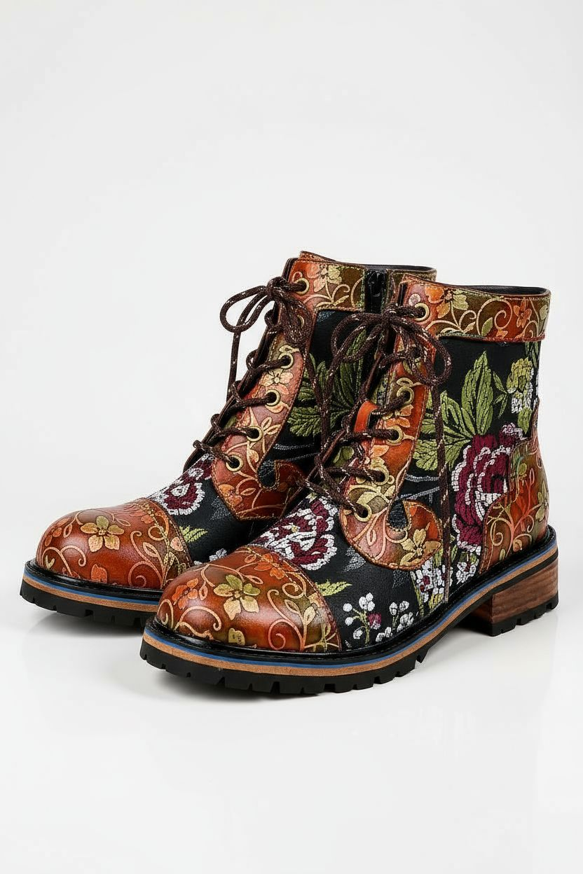 Up-cycled Floral Handpainted Leather Ankle Boots
