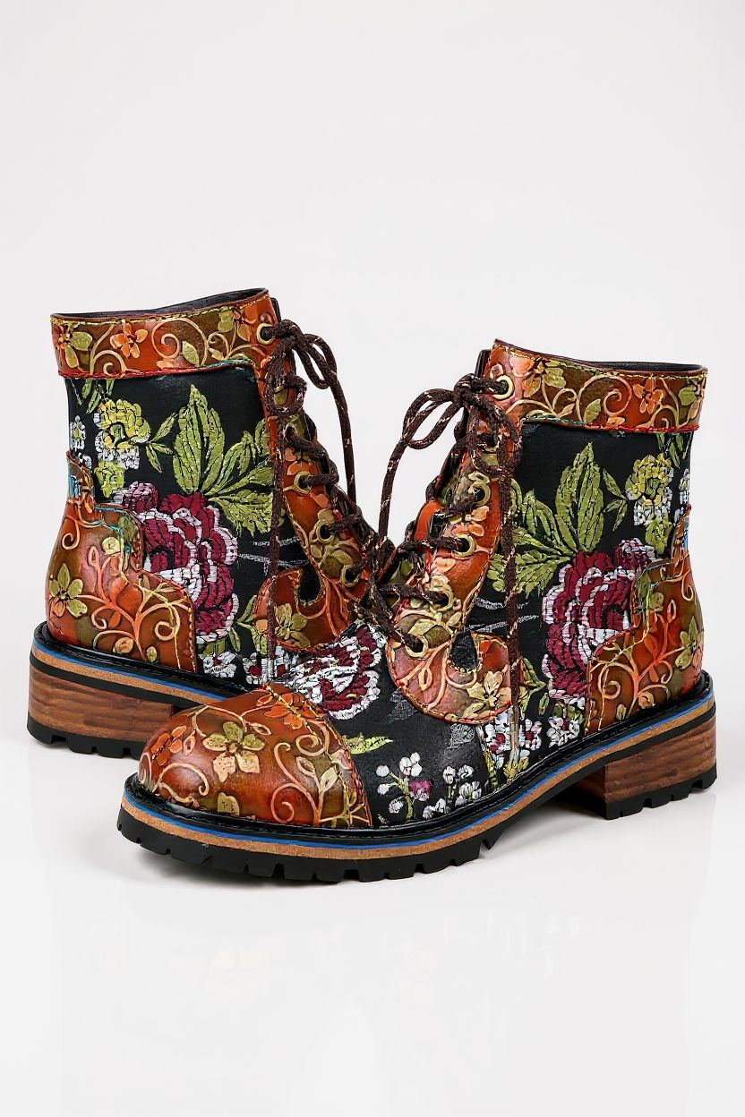Up-cycled Floral Handpainted Leather Ankle Boots