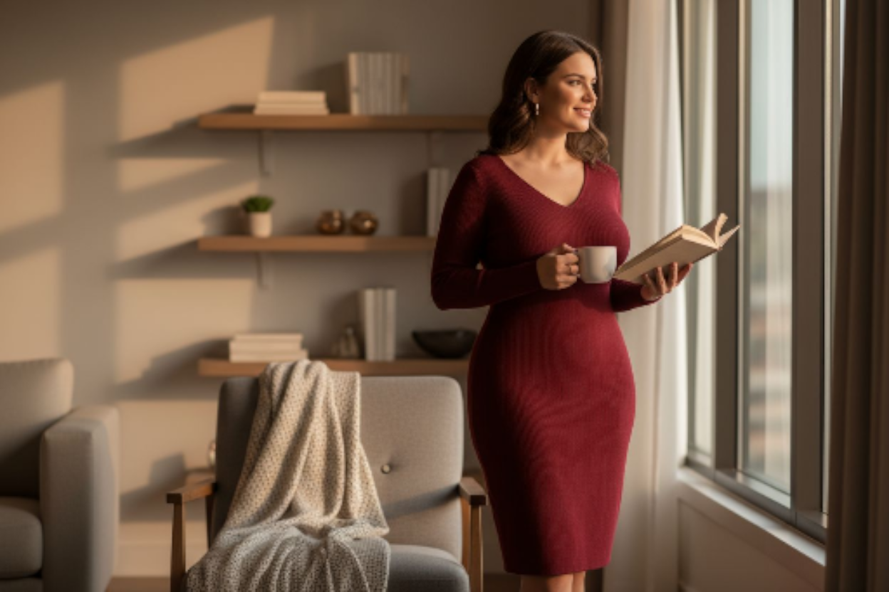 Maroon Bodycon Midi Fall Dress