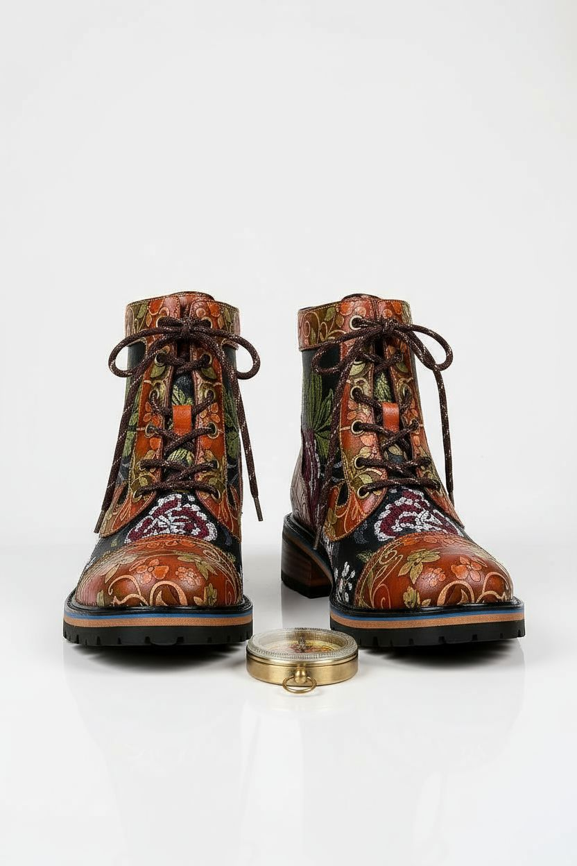 Up-cycled Floral Handpainted Leather Ankle Boots