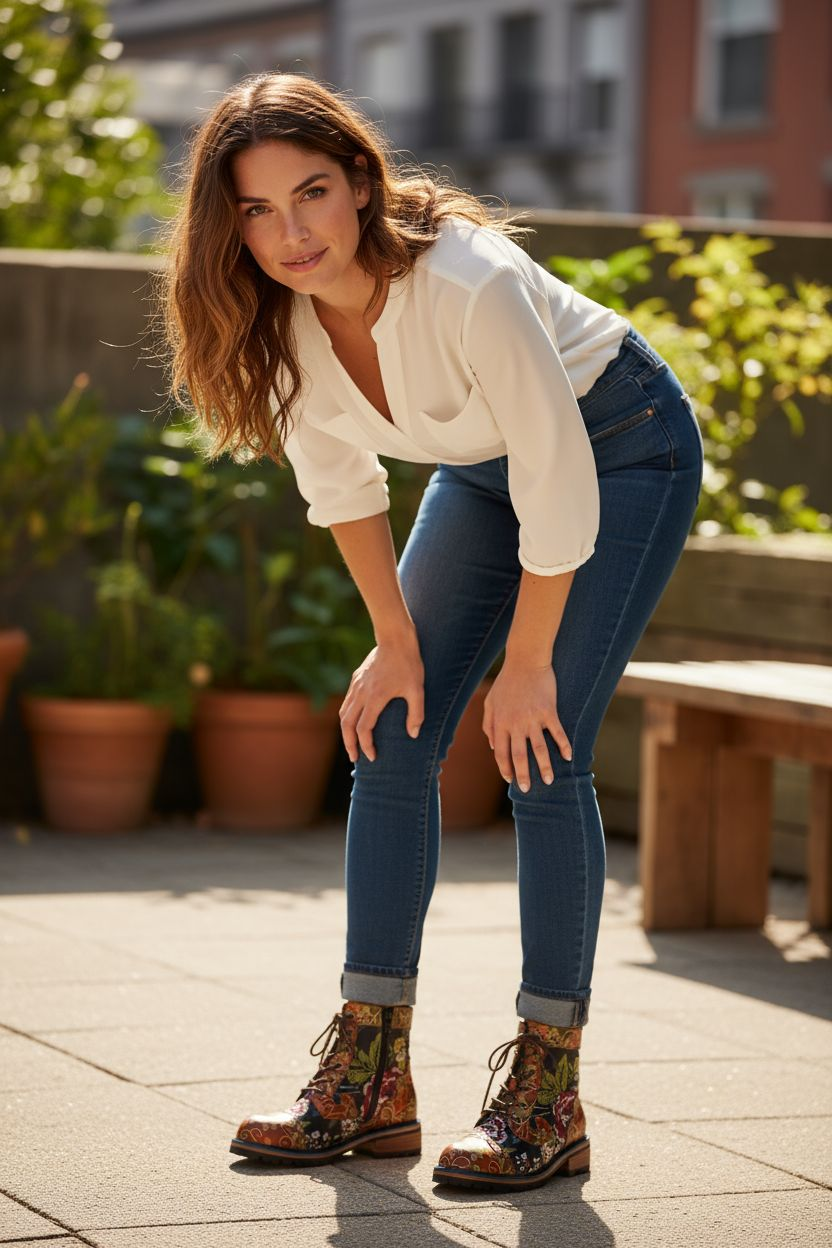 Up-cycled Floral Handpainted Leather Ankle Boots