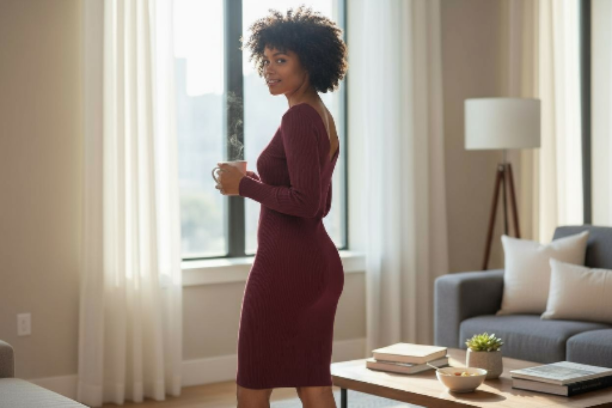 Maroon Bodycon Midi Fall Dress