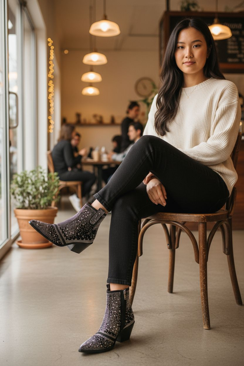 Up-cycled Silver Embellished Ankle Western Boots